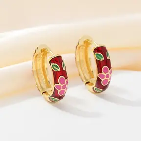 Bordeaux Enamel Bloemen Hoops Goudkleurig – Retro Style