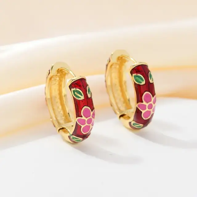 Bordeaux Enamel Bloemen Hoops Goudkleurig – Retro Style