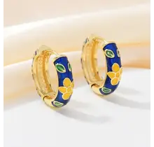 Blauwe Enamel Bloemen Hoops Goudkleurig – Retro Style