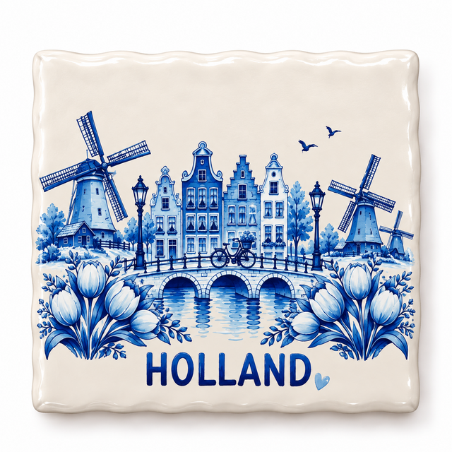 Delftsblauw Tegeltje Holland – Molens, Tulpen & Grachten