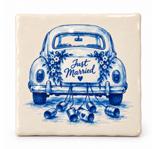 Delftsblauw Tegeltje Just Married – Trouwauto