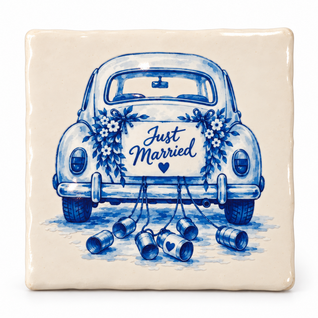 Delftsblauw Tegeltje Just Married – Trouwauto