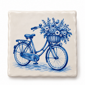 Delftsblauw Tegeltje Hollandse Fiets met Bloemenmand