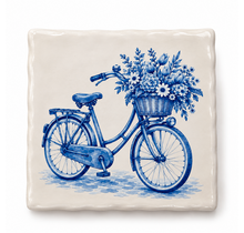 Delftsblauw Tegeltje Hollandse Fiets met Bloemenmand