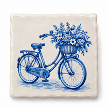 Delftsblauw Tegeltje Hollandse Fiets met Bloemenmand