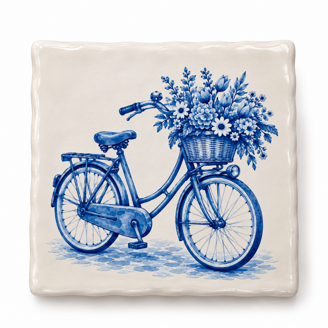 Delftsblauw Tegeltje Hollandse Fiets met Bloemenmand