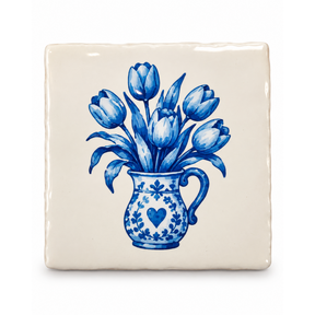 Delftsblauw Tegeltje Tulpen in Bloemenvaas