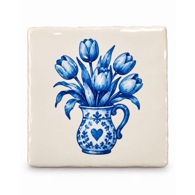 Delftsblauw Tegeltje Tulpen in Bloemenvaas