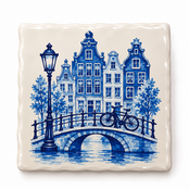 Delftsblauw Tegeltje Amsterdamse Grachtenpanden & Fiets