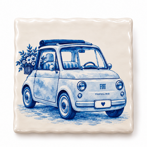 Delftsblauw Tegeltje Fiat 500 / Italiaanse Auto met Bloemen