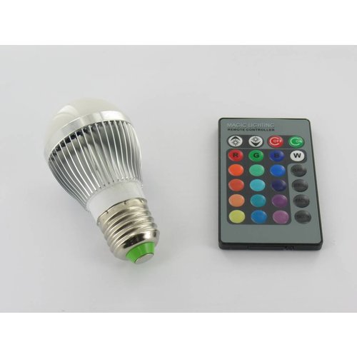 RGB 3 Watt LED 'bulb' Lamp E27 met IR Afstandsbediening