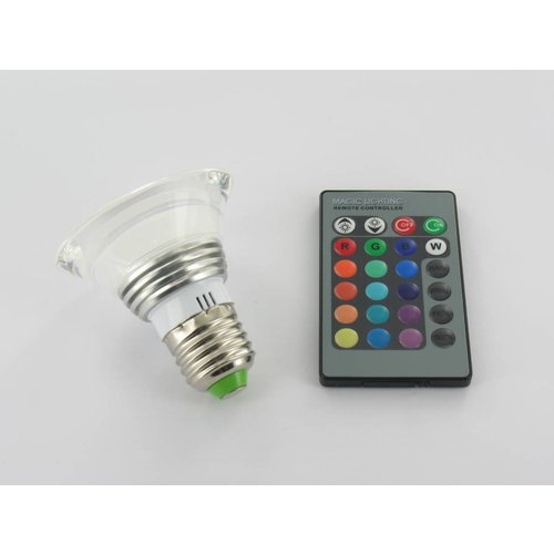 RGB 3 Watt LED 'glas' Spot E27 met IR Afstandsbediening