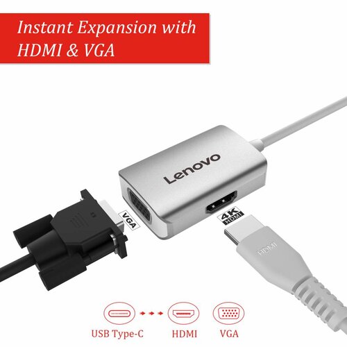 Lenovo Aluminium USB-C naar 4K HDMI en VGA adapter – 4K Ultra HD - 1080P - Zilver