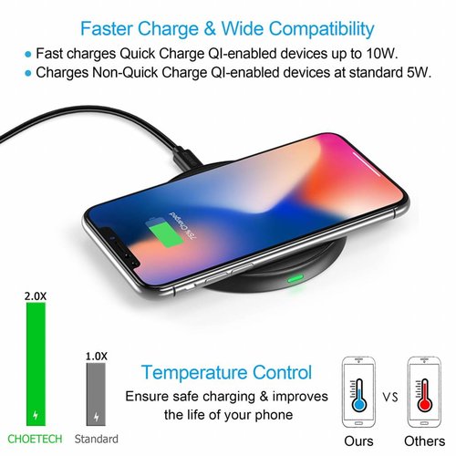 Choetech Chargeur sans fil QI pour smartphone / chargeur sans fil - 10W - Charge rapide - Conception antidérapante - Noir