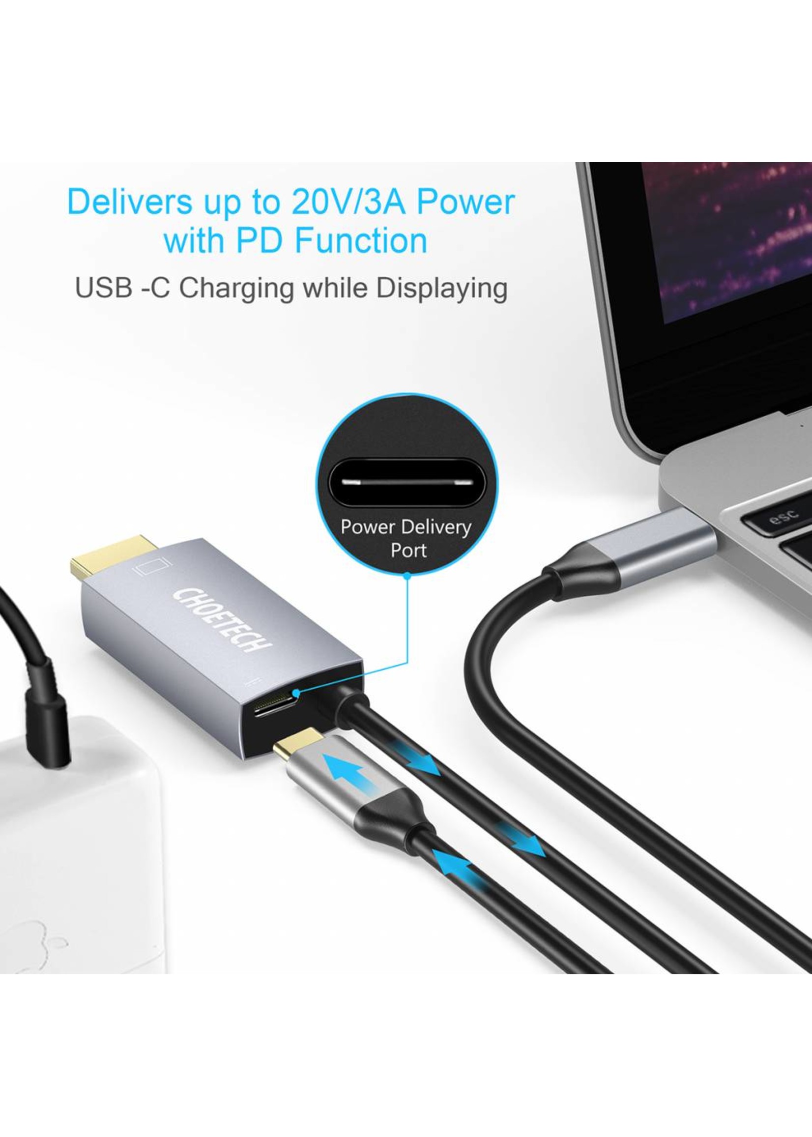 Choetech Aluminium USB Type-C naar  HDMI en Power Delivery Adapter - 4K @60Hz - HDMI 2.0 - Goud Vergulde Connectoren - 1.8 M - Sky Grey