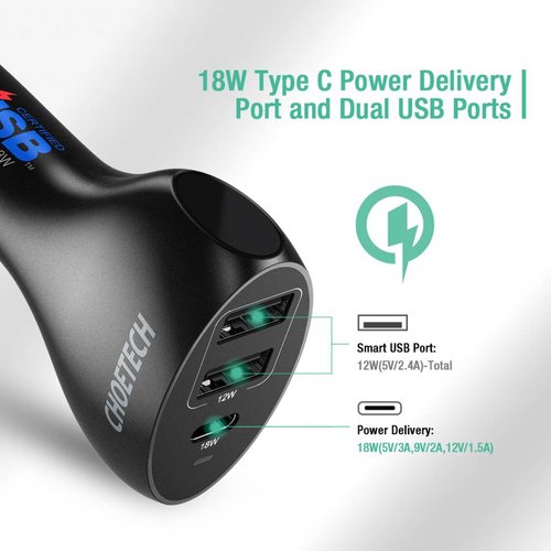 Choetech 3-Port-Autoladegerät mit 1x USB-C und 2x USB-A - Stromversorgung - 30 Watt - 3A - Schwarz