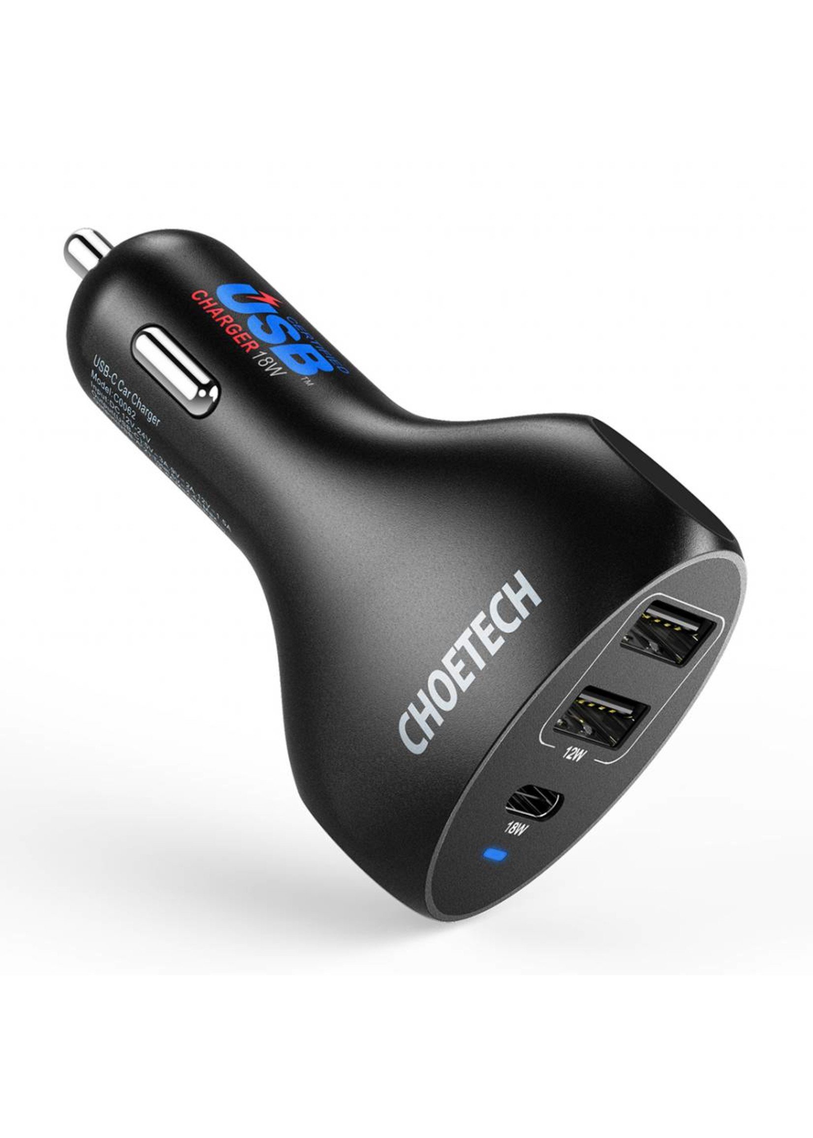 Choetech 3 Port Car Charger with 1x USB-C and 2x USB-A - Power Delivery - 30Watt - 3A - Black