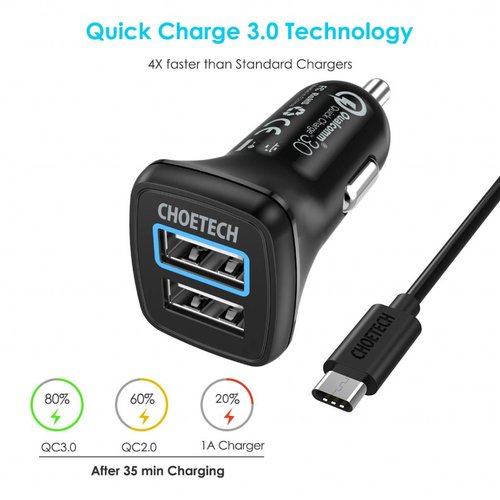 Choetech Quick Charge 3.0 Autoladegerät - 2x USB-A - 30 W - 2,4 A - Schwarz