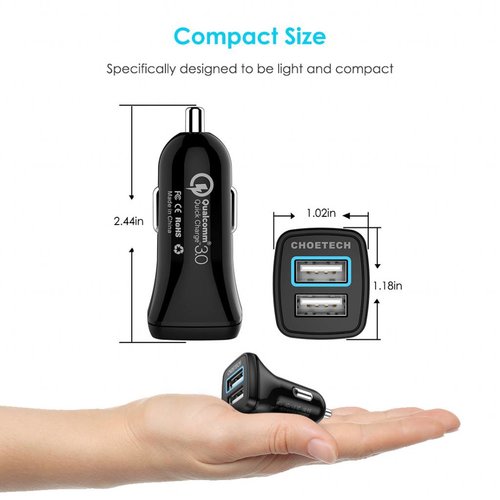 Choetech Quick Charge 3.0 Autoladegerät - 2x USB-A - 30 W - 2,4 A - Schwarz