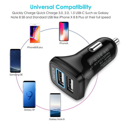 Choetech Quick Charge 3.0 Car Charger - 2x USB-A - 30W - 2.4A - Black