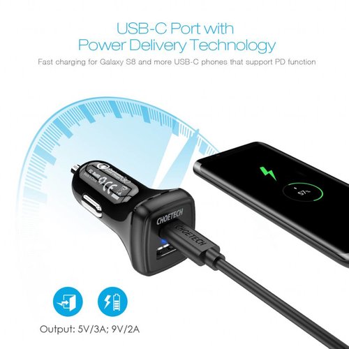 Choetech Chargeur de voiture Quick Charge 3.0 - 1x port de charge USB-C - 1x port de charge USB-A - 36W - 3A - Indicateur LED - Noir