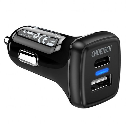 Choetech Chargeur de voiture Quick Charge 3.0 - 1x port de charge USB-C - 1x port de charge USB-A - 36W - 3A - Indicateur LED - Noir
