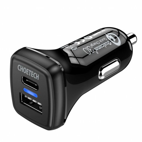 Choetech Quick Charge 3.0 Autolader - 1x USB-C laadpoort - 1x USB-A laadpoort - 36W - 3A - LED-indicator - Zwart
