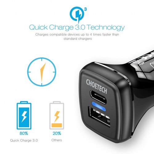 Choetech Quick Charge 3.0 Autoladegerät - 1x USB-C-Ladeanschluss - 1x USB-A-Ladeanschluss - 36 W - 3A - LED-Anzeige - Schwarz