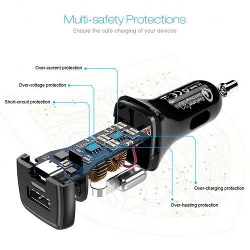 Choetech Chargeur de voiture Quick Charge 3.0 - 1x port de charge USB-C - 1x port de charge USB-A - 36W - 3A - Indicateur LED - Noir