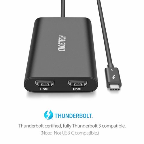 Choetech Adaptateur Thunderbolt ™ 3 USB-C vers 2x 4K HDMI 2.0 - 40 Gbit / s - 60 Hz - Longueur de câble: 25 cm - Noir