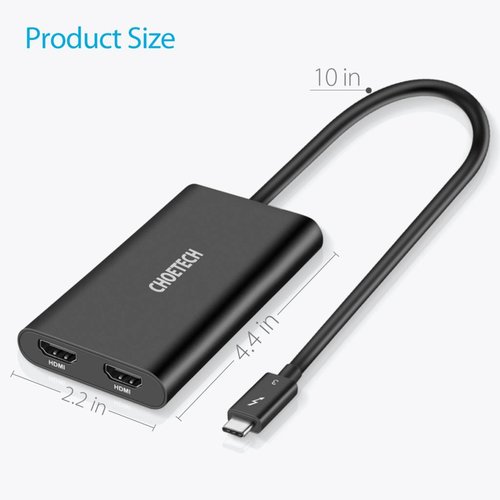 Choetech Adaptateur Thunderbolt ™ 3 USB-C vers 2x 4K HDMI 2.0 - 40 Gbit / s - 60 Hz - Longueur de câble: 25 cm - Noir