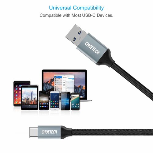Choetech USB 3.0 A naar USB-C laad- en datakabel - 2.4A - Gevlochten Nylon  -1M - Zwart
