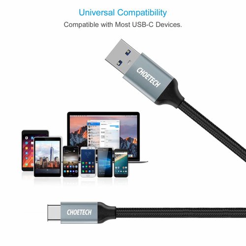 Choetech USB 3.0 A to USB-C charging and data cable - 2.4A - Braided Nylon -1M - Black