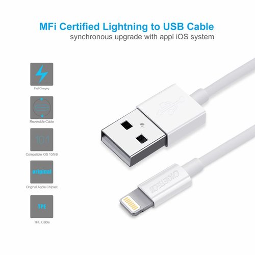 Choetech Câble de charge USB A vers Lightning - Certifié MFI - Longueur de câble 60 cm - Blanc