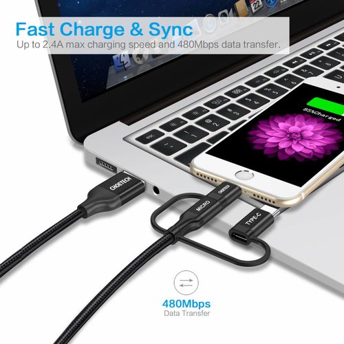 Choetech - Câble de charge et de données 3-en-1 - Connecteurs USB-C, Micro-USB et Lightning - 1.2M - Noir