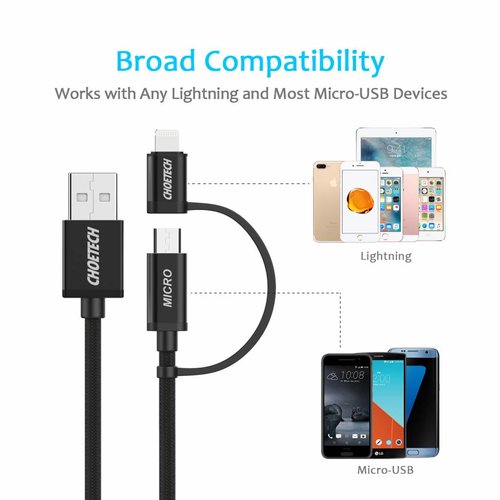 Choetech - Câble de charge et de données 2 en 1 avec connecteur Lightning et Micro-USB - 1,8 M - Noir