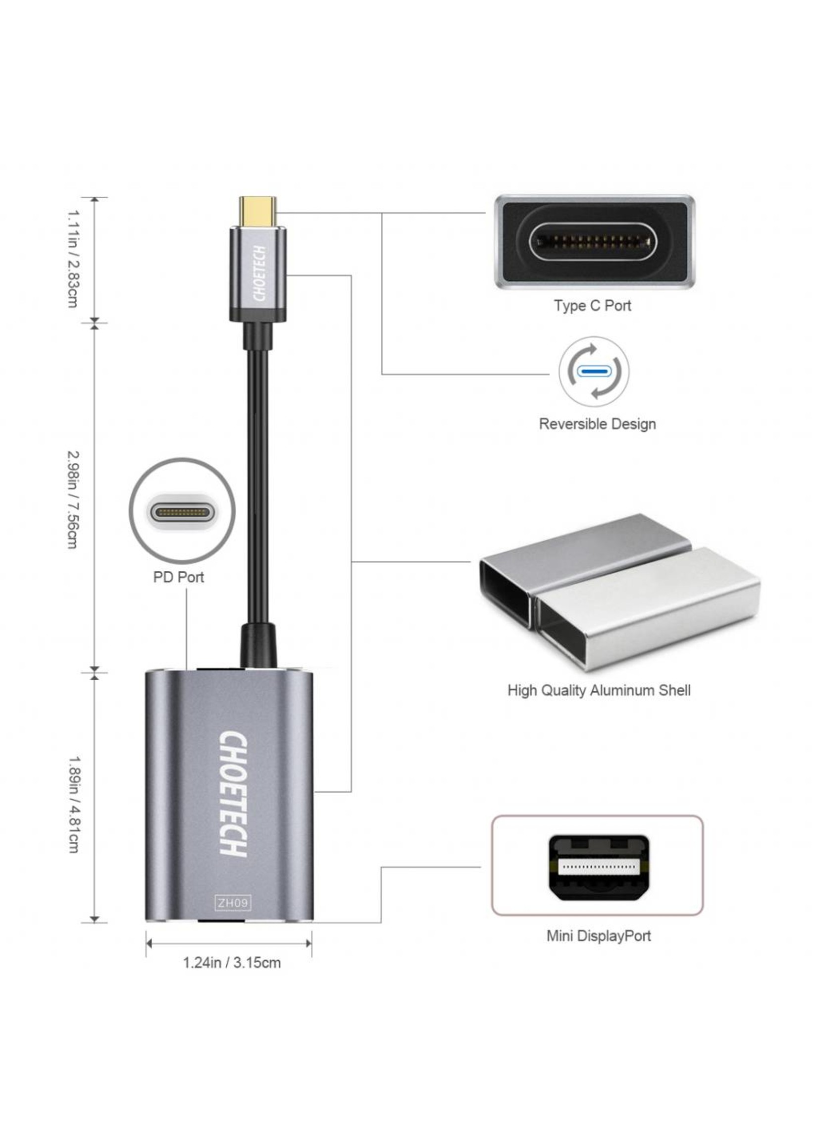 Choetech Aluminum USB-C to Mini Display Port adapter with Power Delivery 4K @ 60Hz