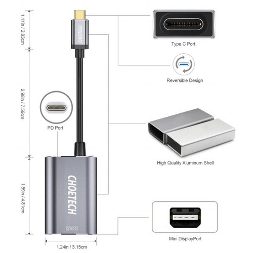 Choetech Aluminium USB-C auf Mini Display Port Adapter mit Power Delivery 4K @ 60Hz