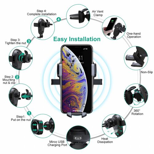 Choetech - Kabelloses Qi-Autoladegerät - Geeignet für Smartphones - Schnellladung - 10W - 360 Grad drehbar - Schwarz