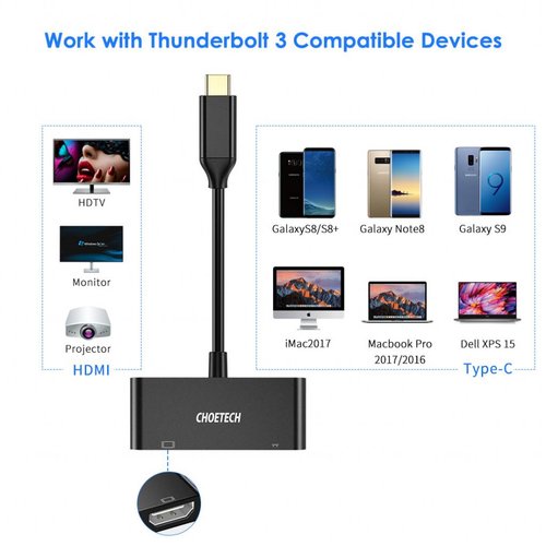 Choetech - USB Type-C to HDMI Adapter - 60W Power Delivery - Supports Ultra HD 4K @ 60Hz - Very compact - Black
