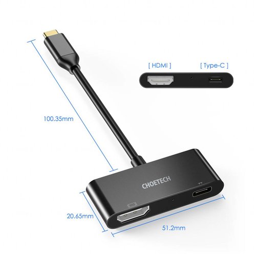 Choetech - USB Type-C to HDMI Adapter - 60W Power Delivery - Supports Ultra HD 4K @ 60Hz - Very compact - Black