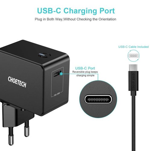 Choetech - USB Type-C adapter - 18 Watt - Fast Charging by Power Delivery 3.0 0 Charging cable included - LED indicator - Black