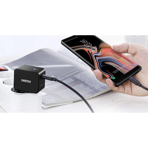 Choetech - USB Type-C adapter - 18 Watt - Fast Charging by Power Delivery 3.0 0 Charging cable included - LED indicator - Black