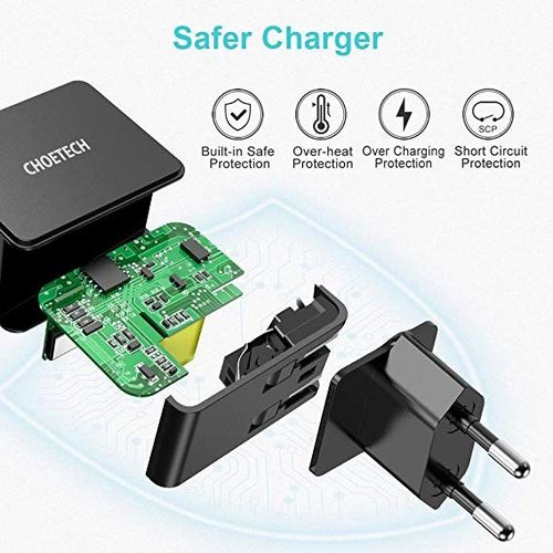 Choetech - USB Type-C adapter - 18 Watt - Fast Charging by Power Delivery 3.0 0 Charging cable included - LED indicator - Black