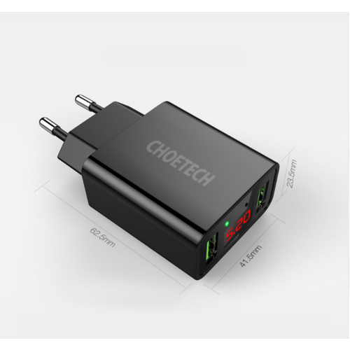 Choetech - Dual-port adapter met 2 USB Type-A laadpoorten - Inclusief LED-Display - 3A - LED-indicator - Zwart