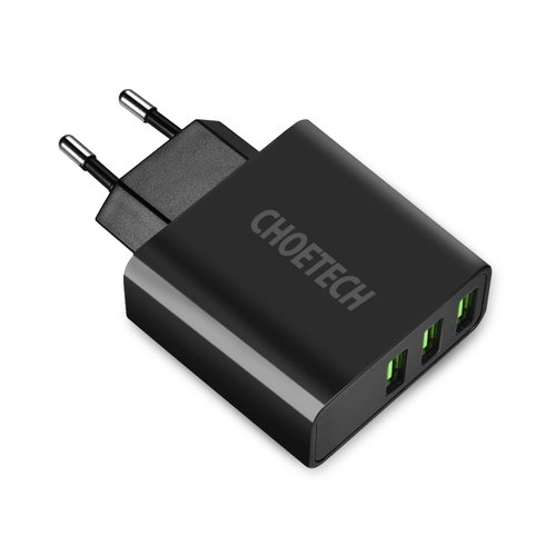 Choetech - Universal adapter with 3 USB Type-A charging ports - With LED display - 3A- Black