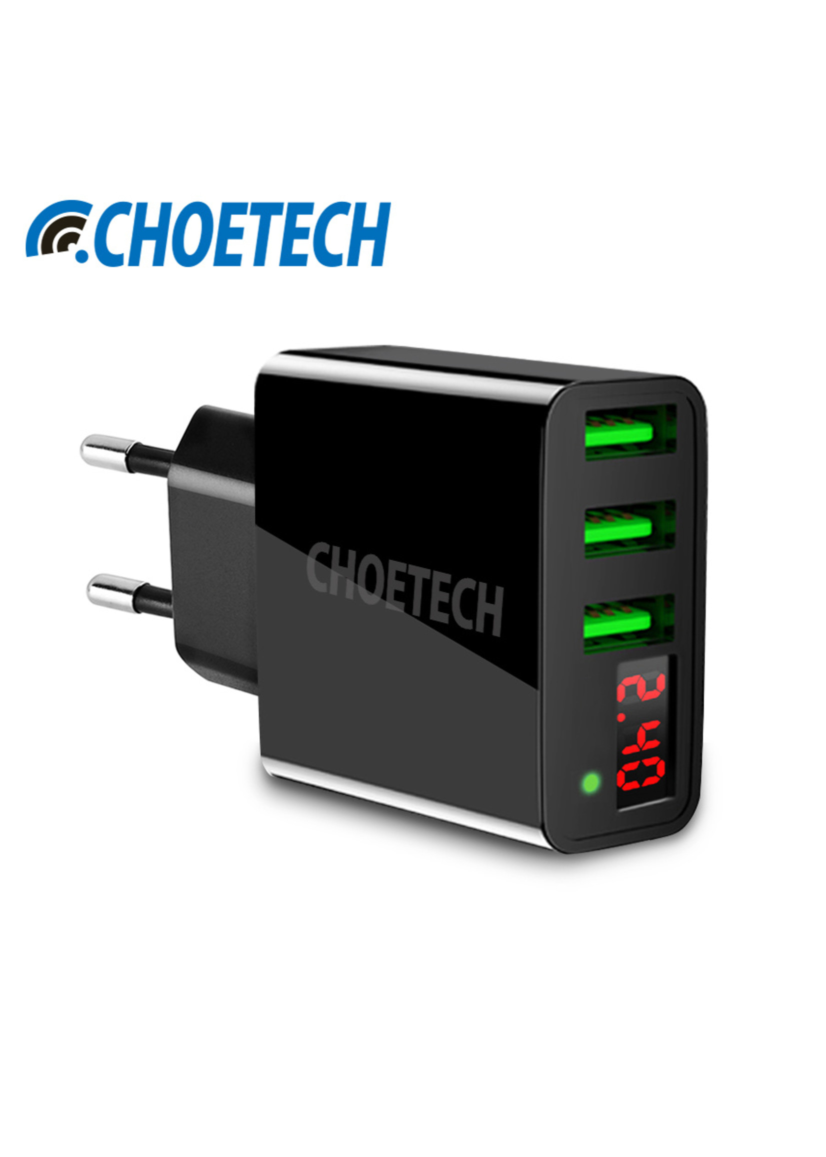Choetech - Universal adapter with 3 USB Type-A charging ports - With LED display - 3A- Black