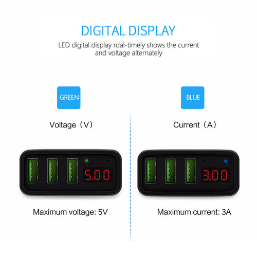 Choetech - Universal adapter with 3 USB Type-A charging ports - With LED display - 3A- Black