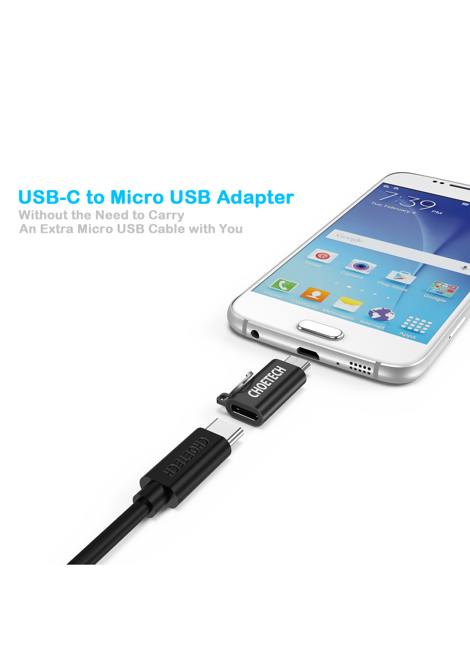 Choetech Micro USB naar USB-C adapter voor opladen en synchroniseren - Sleutelhanger - Zwart