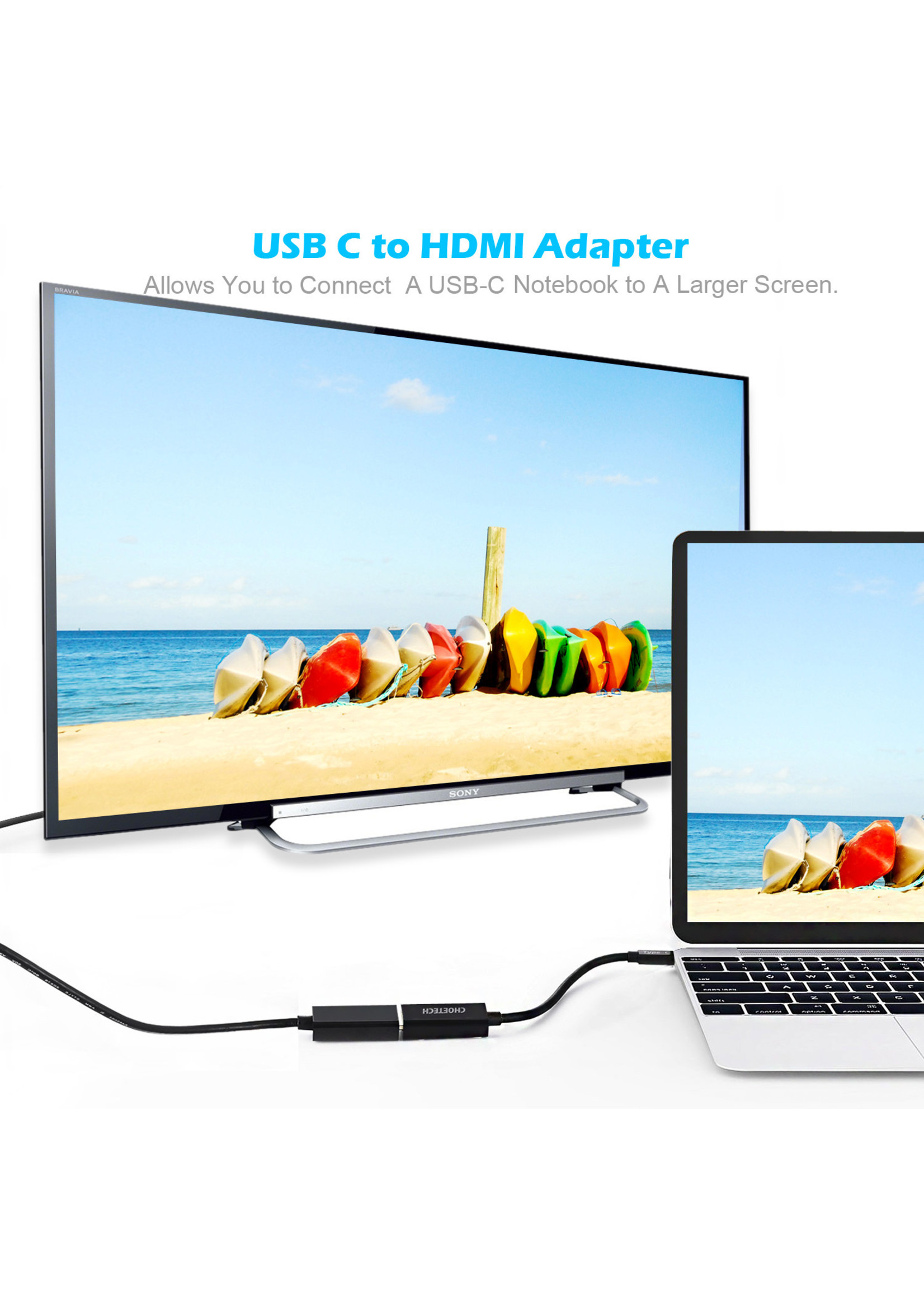 Choetech USB-C naar HDMI adapter met metalen behuizing - 4K resolutie - 15CM kabel - Zwart